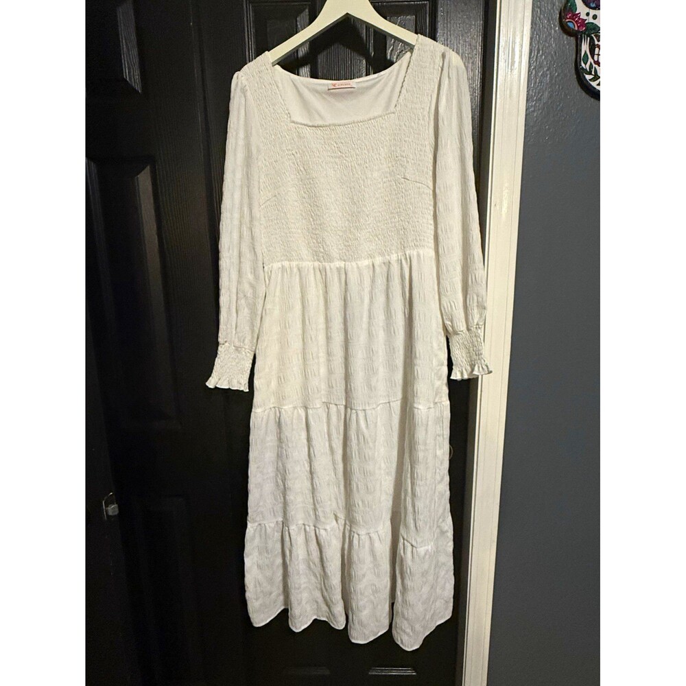 KIRUNDO XL White Smocked Tiered Maxi Dress Long Sleeve Cottagecore Bridal